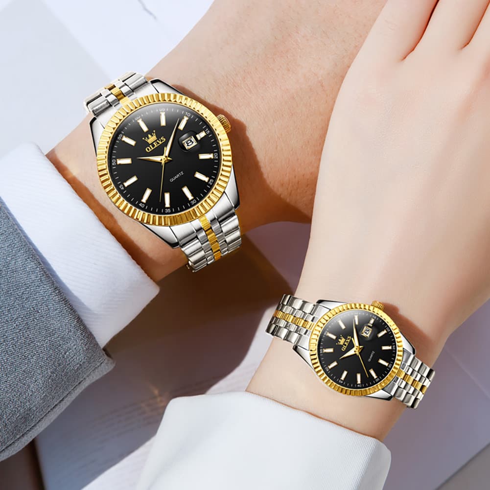 OLEVS Couple Watch Fluted Bezel Two Tone Stainless Steel Date Quartz 5593