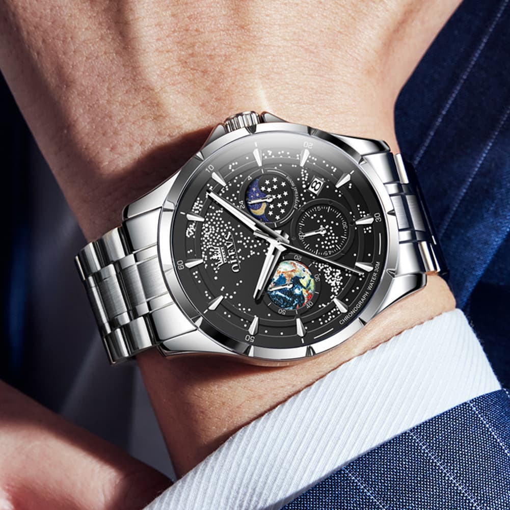 OLEVS Starry Sky Moon Phase Watch for Men Stainless Steel 5538