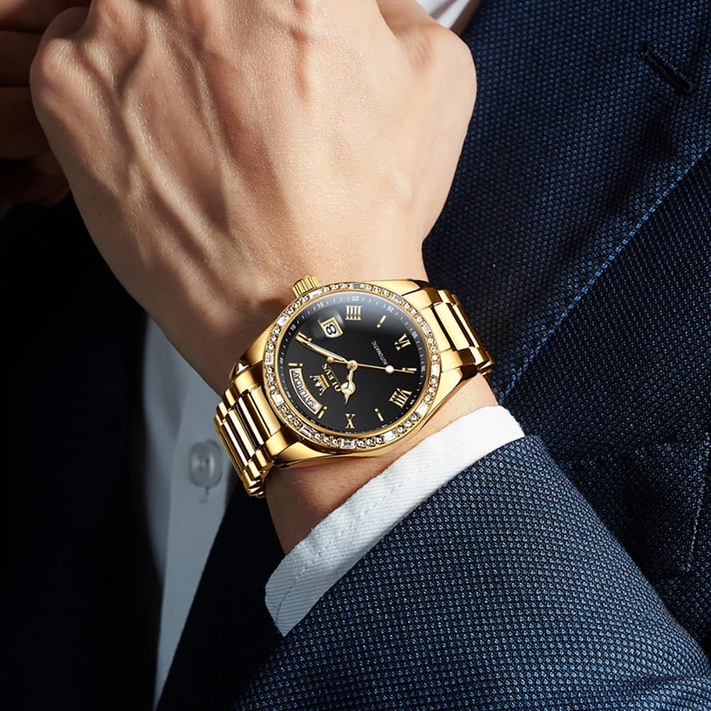 OLEVS 6747 Diamond Bezel Day Date Mechanical Watch for Men