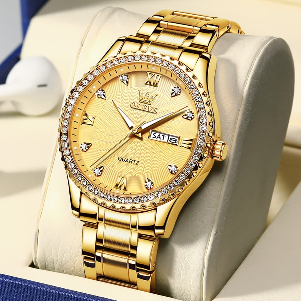 OLEVS Men Diamond Bezel Watch Two Tone Stainless Steel Quartz Day Date 5565