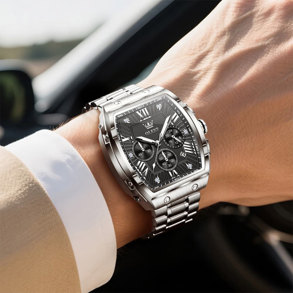 OLEVS Men Tonneau Watch Chronograph Stainless Steel Luxury Quartz 5639