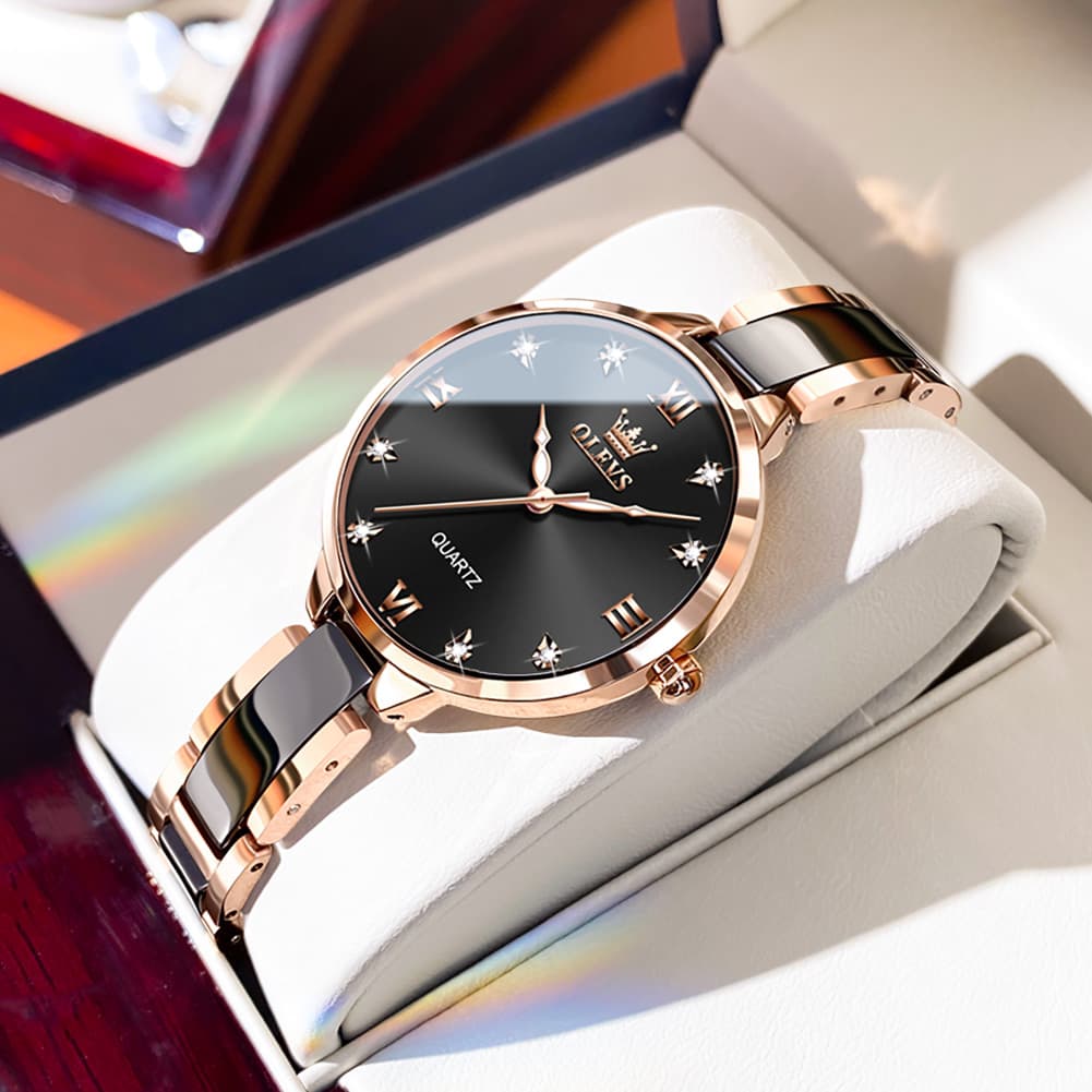 OLEVS 5872 Ceramic Bracelet Watch Rose Gold Diamond Accent Quartz Luxury Timepiece for Women