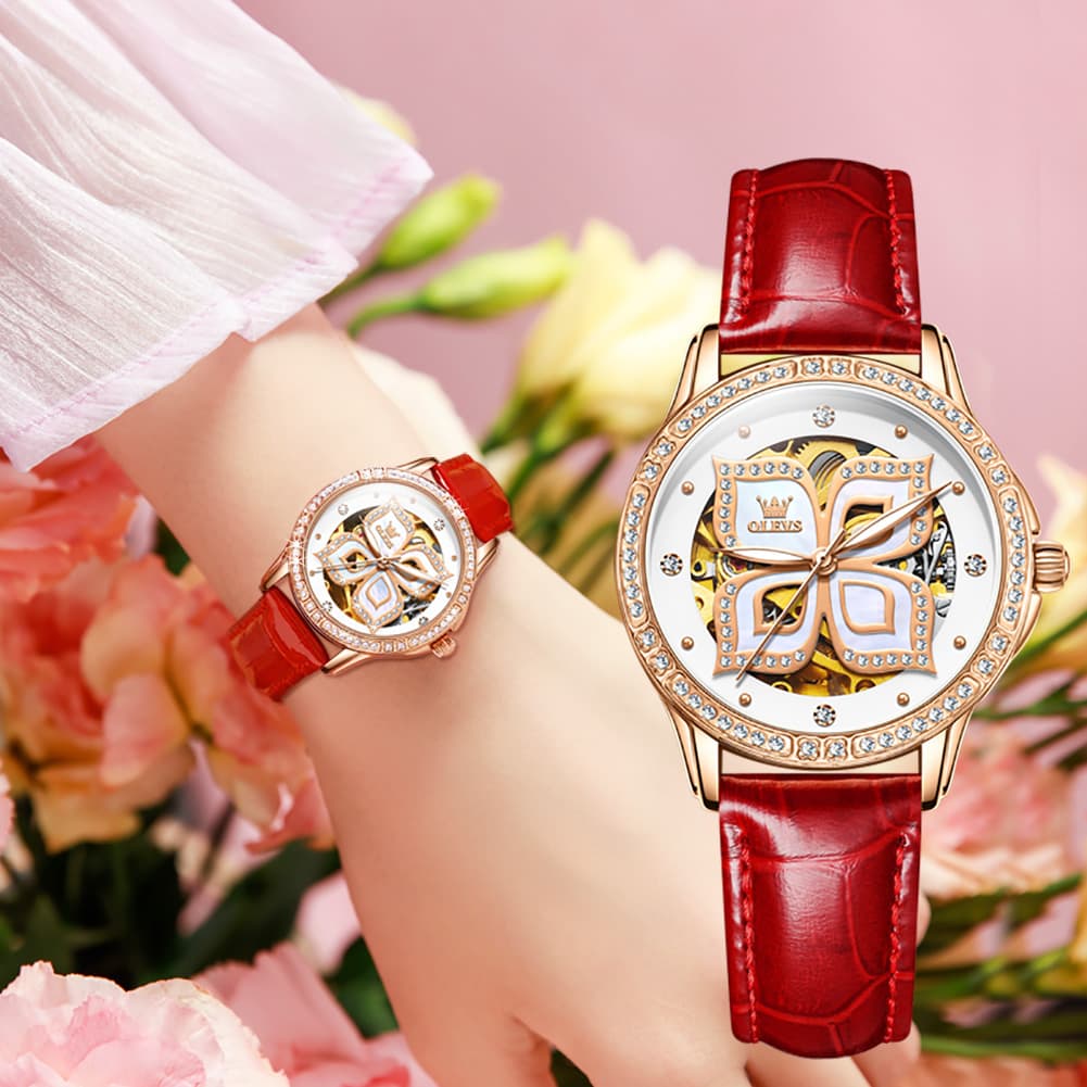 OLEVS 6612 Automatic Skeleton Four Leaf Clover Watch Set for Women