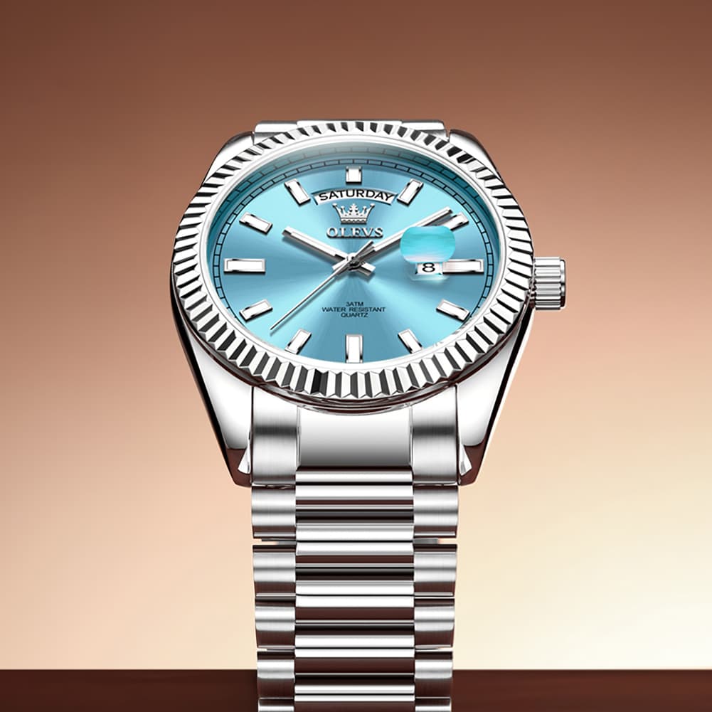 OLEVS 5650 Fluted Bezel Day Date Watch Stainless Steel Quartz Luxury Timepiece for Men
