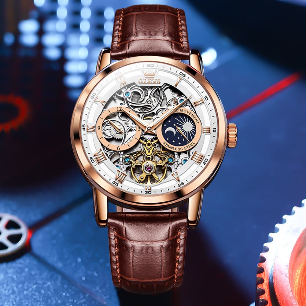 OLEVS 6670P Leather Skeleton Moon Phase Watch for Men
