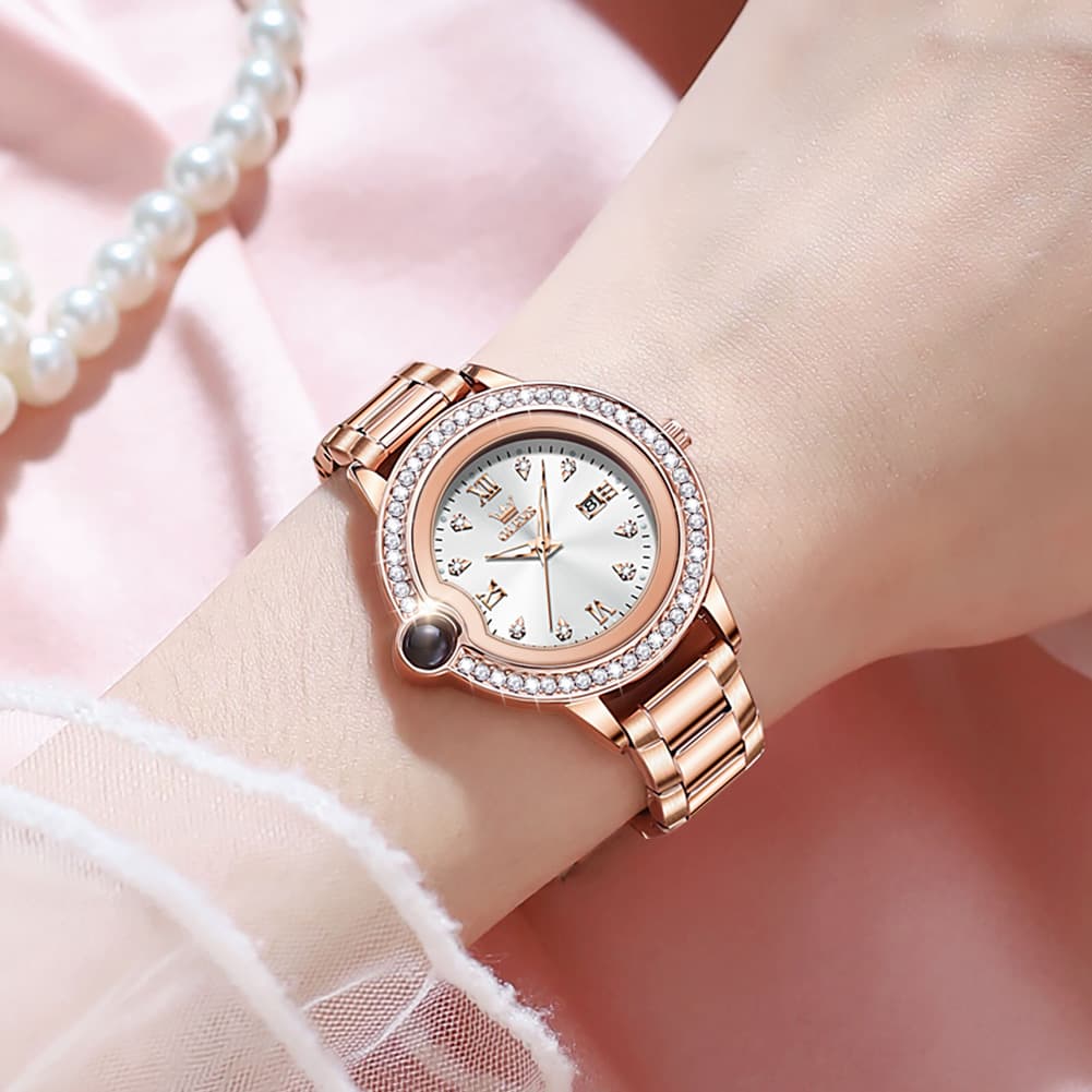 OLEVS Women Diamond Bezel Watch Cabochon Crown Rose Gold Quartz Date 5588