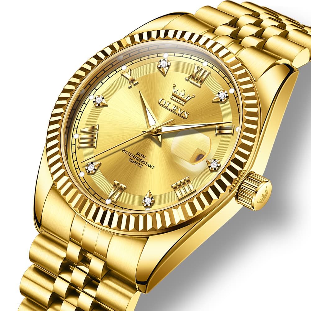 OLEVS 5680 Fluted Bezel Roman Diamond Dial Watch Stainless Steel Jubilee Bracelet Quartz Timepiece for Men
