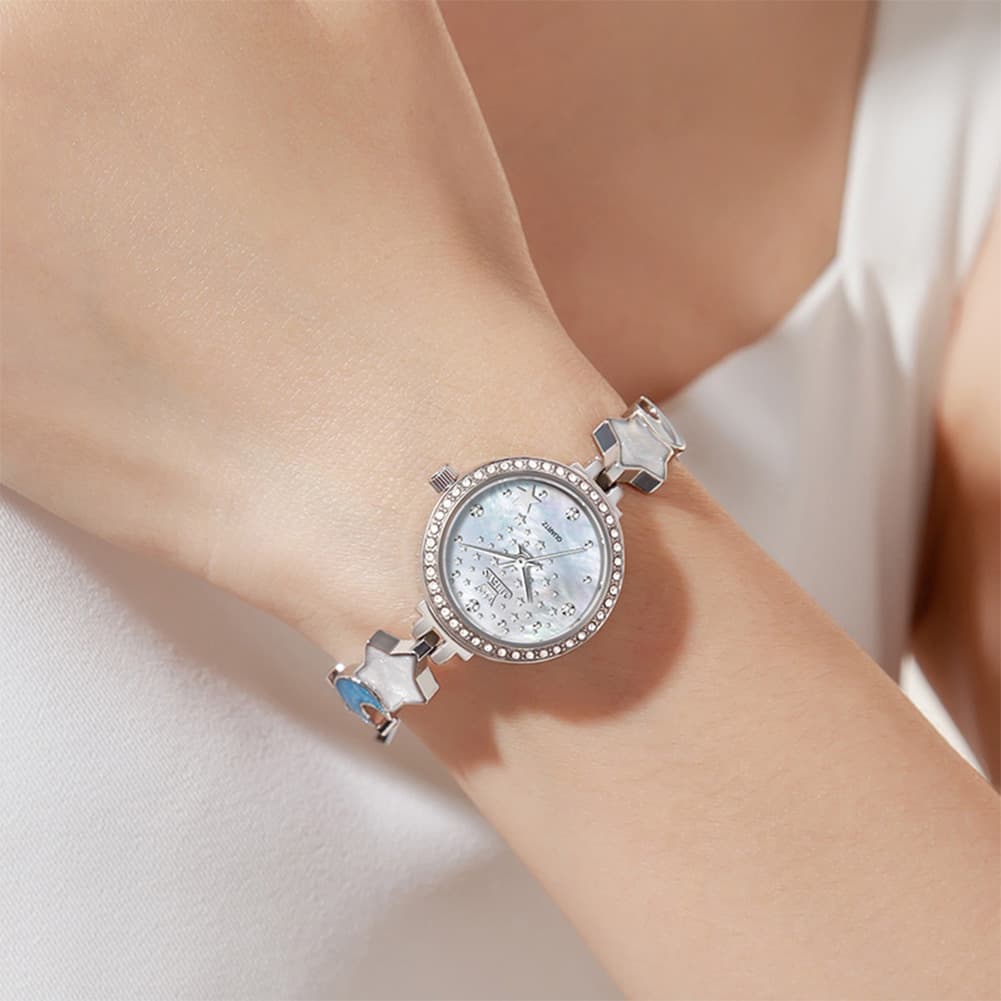 OLEVS 5665 Star Moon Bracelet Watch Mother of Pearl Starry Dial Quartz Jewelry Timepiece for Women