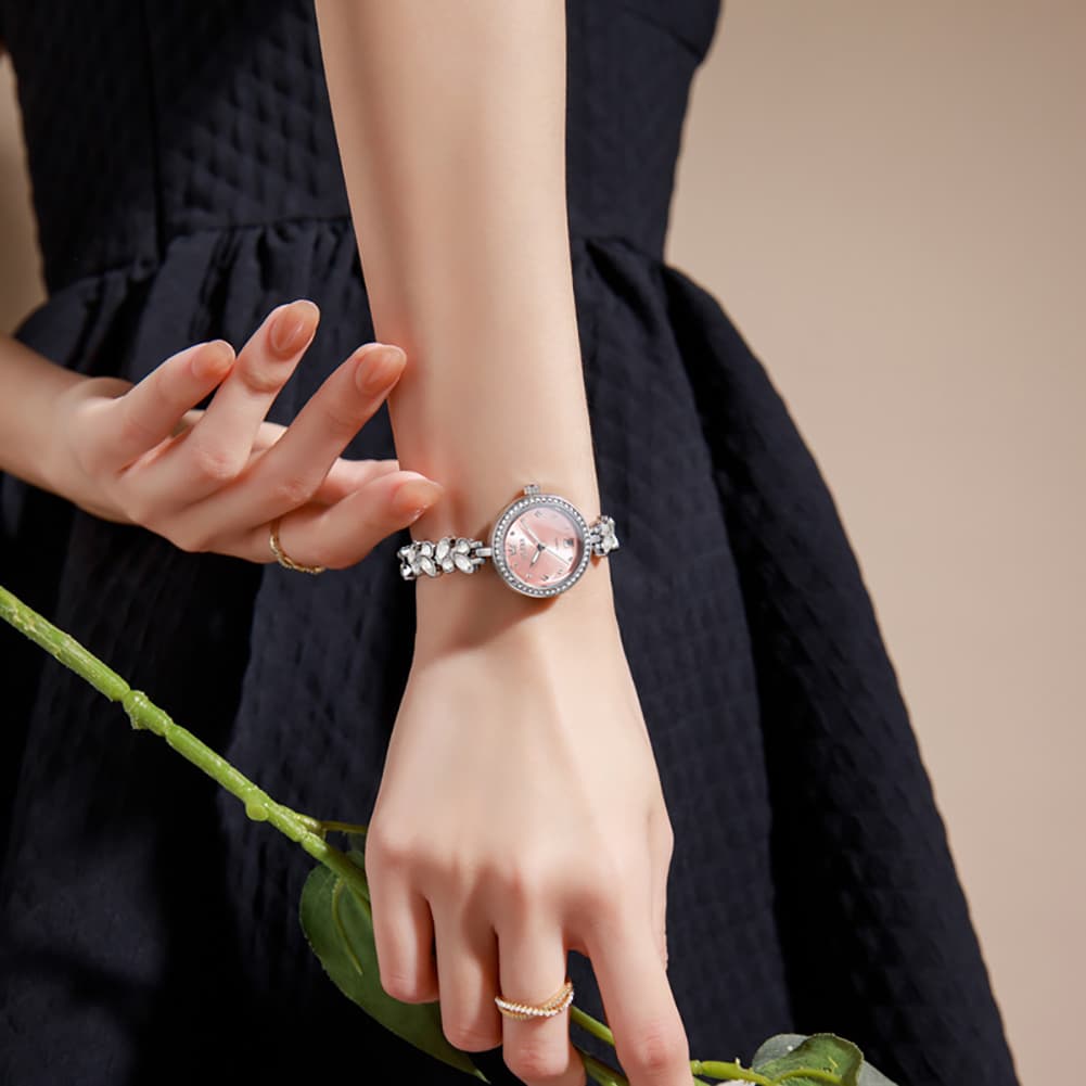 OLEVS 5679 Crystal Cluster Bracelet Watch Zircon Bezel Date Quartz Jewelry Timepiece for Women
