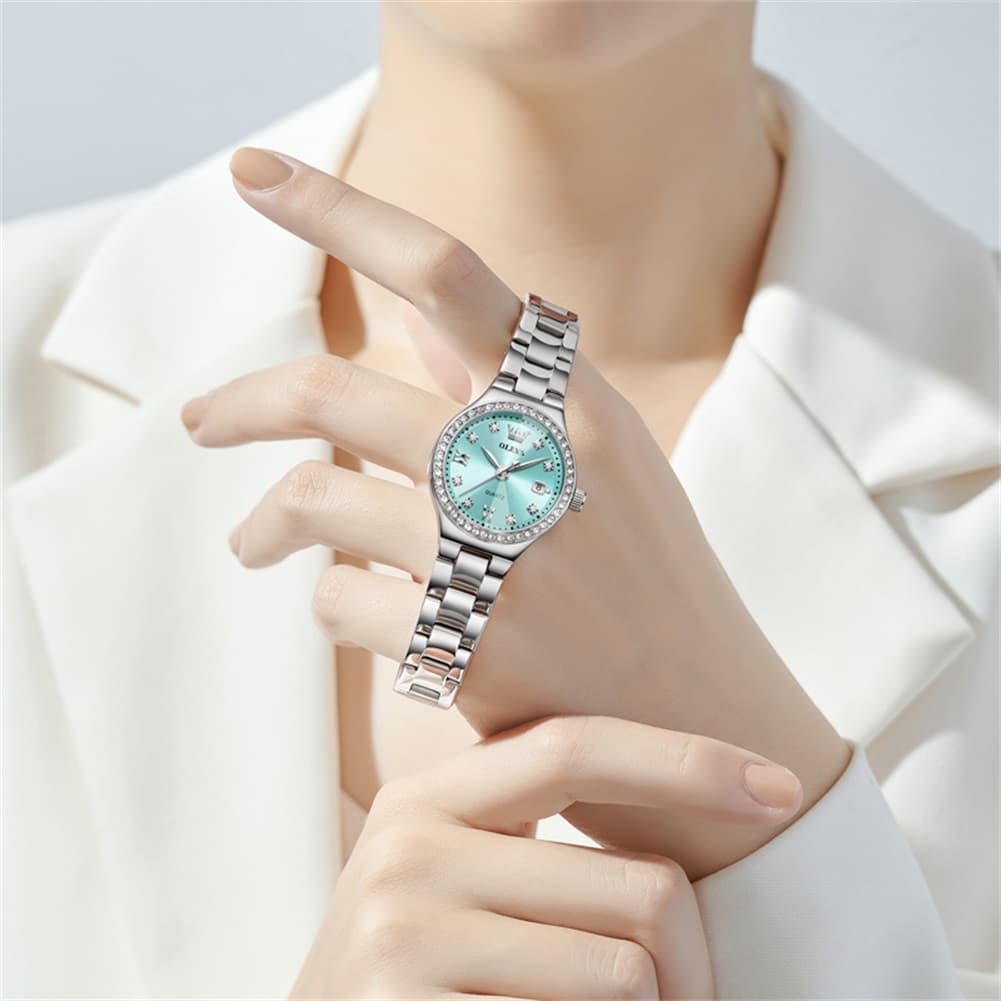 OLEVS Women Diamond Bezel Watch Petite Pastel Sunray Silver Stainless Steel Date Quartz 5628