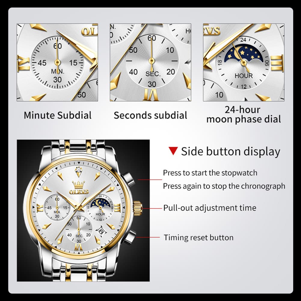 OLEVS 3639 Chronograph Moon Phase Quartz Watch for Men