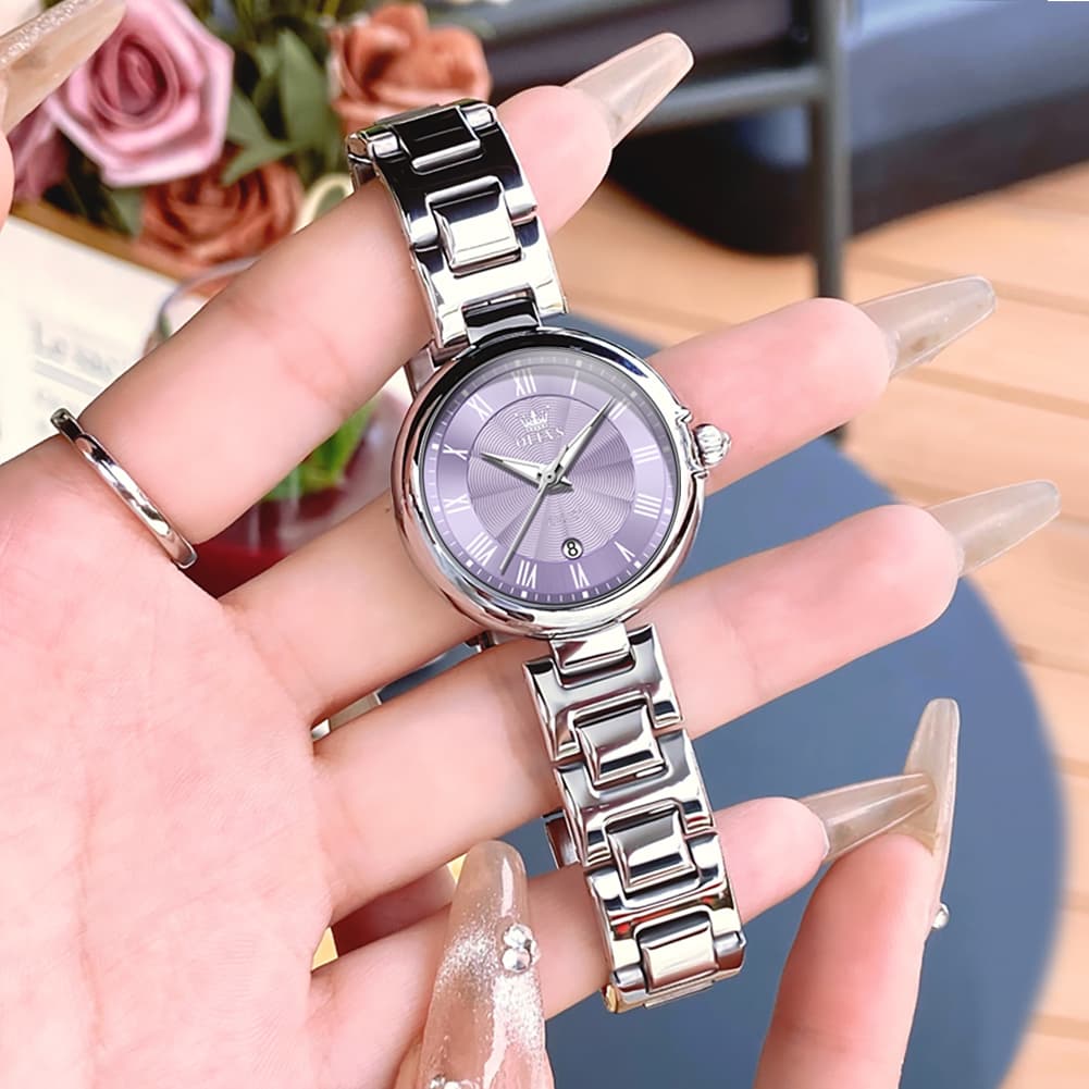 OLEVS Women Roman Numeral Dress Watch Sunray Dial Stainless Steel Date Quartz 5608