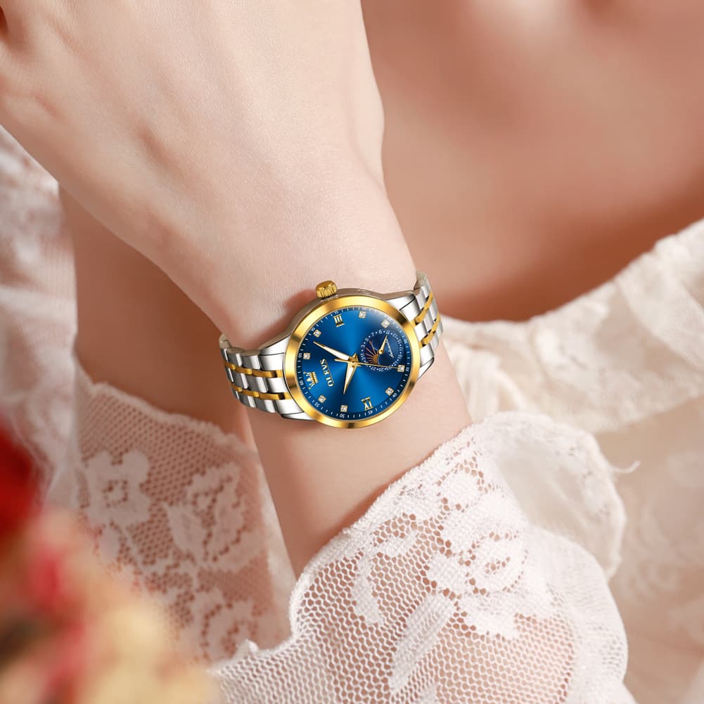 OLEVS 7041 Solid Steel Moon Phase Automatic Watch For Women