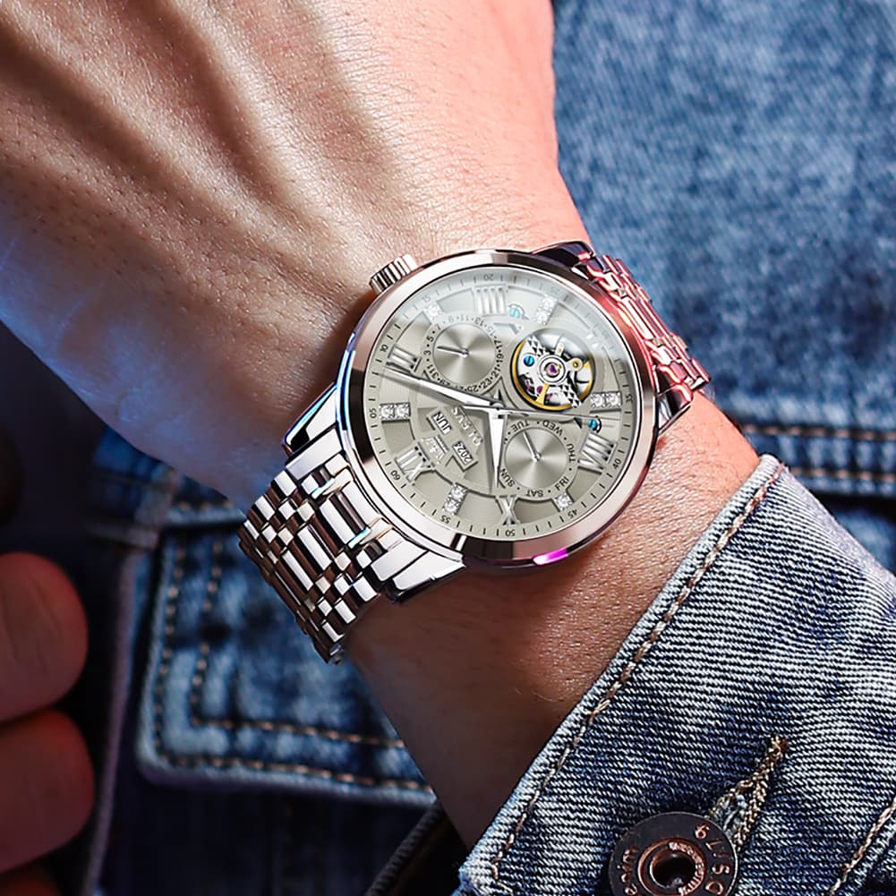 OLEVS 6701 Skeleton Automatic Mechanical Stainless Steel Watch For Men