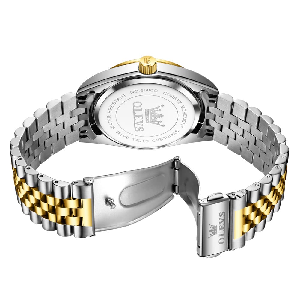OLEVS 5680 Fluted Bezel Roman Diamond Dial Watch Stainless Steel Jubilee Bracelet Quartz Timepiece for Men