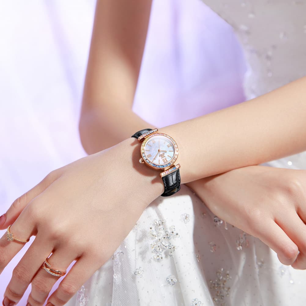 OLEVS 9007 Rainbow Bezel Mother of Pearl Leather Quartz Watch for Women