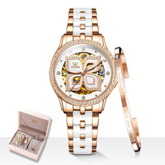 OLEVS 6612 Automatic Skeleton Four Leaf Clover Watch Set for Women