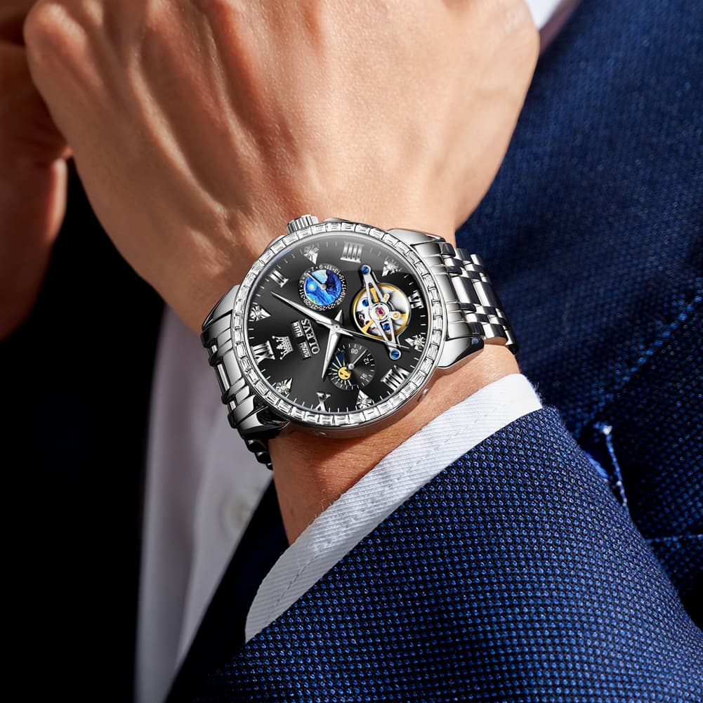 OLEVS 6712 Diamond Bezel Starry Moon Phase Calendar Mechanical Watch For Men