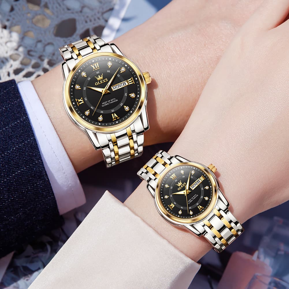 OLEVS Couple Watches Diamond Dial Day Date Quartz Watch 5513 Steel Band for His and Hers