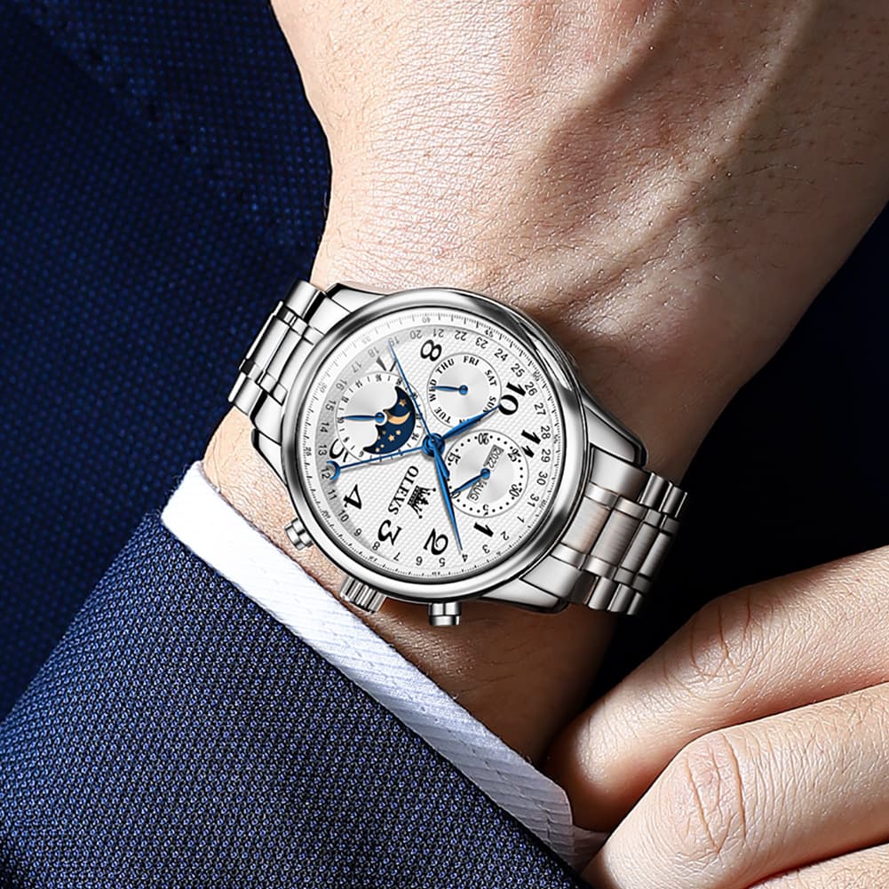 OLEVS 6667 Stainless Steel Mechanical Moon Phase Watch for Men