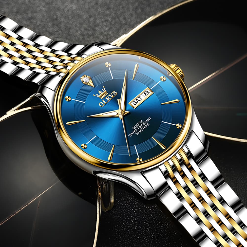 OLEVS 9908 Diamond Accent Day Date Quartz Watch for Men
