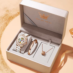 OLEVS 6615 Automatic Skeleton Bright Butterfly Watch Set for Women