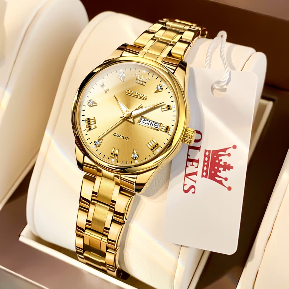 OLEVS Women Diamond Dress Watch Two Tone Stainless Steel Quartz Day Date 5563