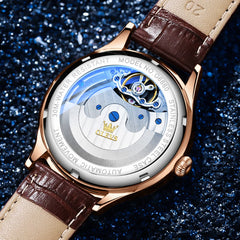 OLEVS 6660 Leather Globe Skeleton Mechanical Watch for Men