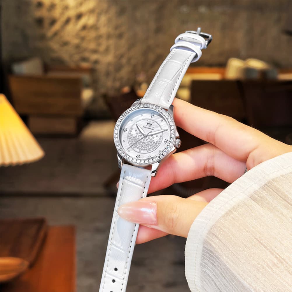 OLEVS 3715 Diamond Mother of Pearl Leather Watch for Women