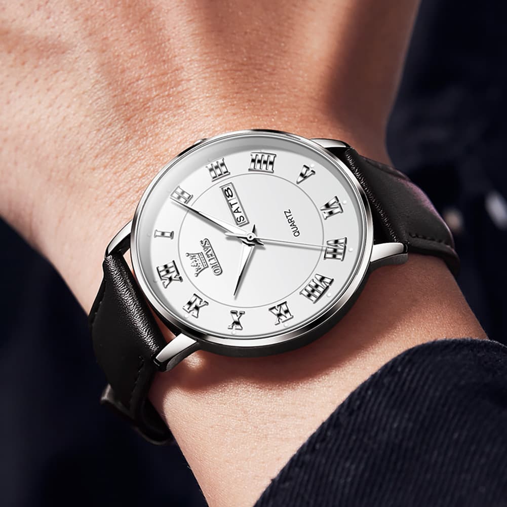 OLEVS 2920 Ultra Light Leather Day Date Quartz Watch for Men