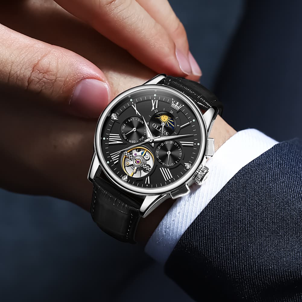 OLEVS Moon Phase Open Heart Automatic Mechanical Watch 9912 Leather Strap for Men