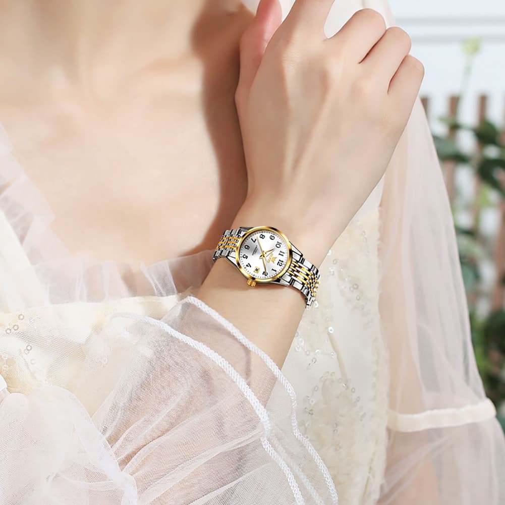 OLEVS 6666N Stainless Steel Mechanical Big Numeral Watch for Women