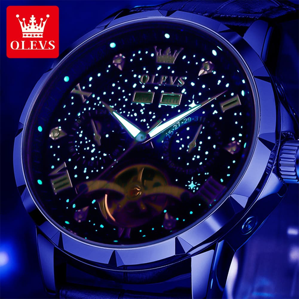 OLEVS 6690 Automatic Skeleton Starry Sky Steel Leather Watch for Men