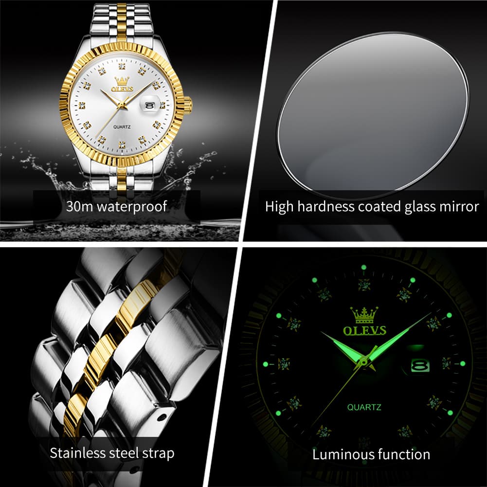 OLEVS Couple Watches Fluted Bezel Diamond Dial Quartz Watch 5526 Jubilee Band for His and Hers