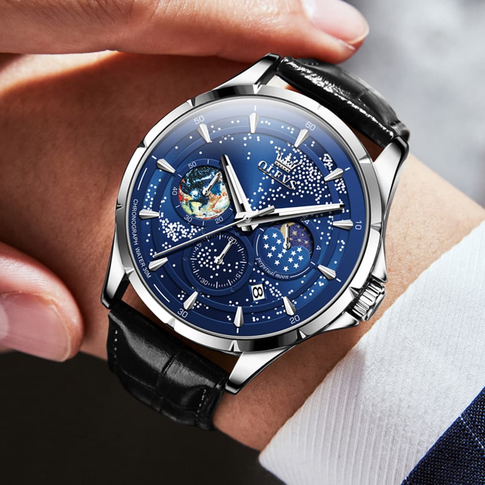 OLEVS Starry Sky Moon Phase Watch Leather Strap for Men 5538