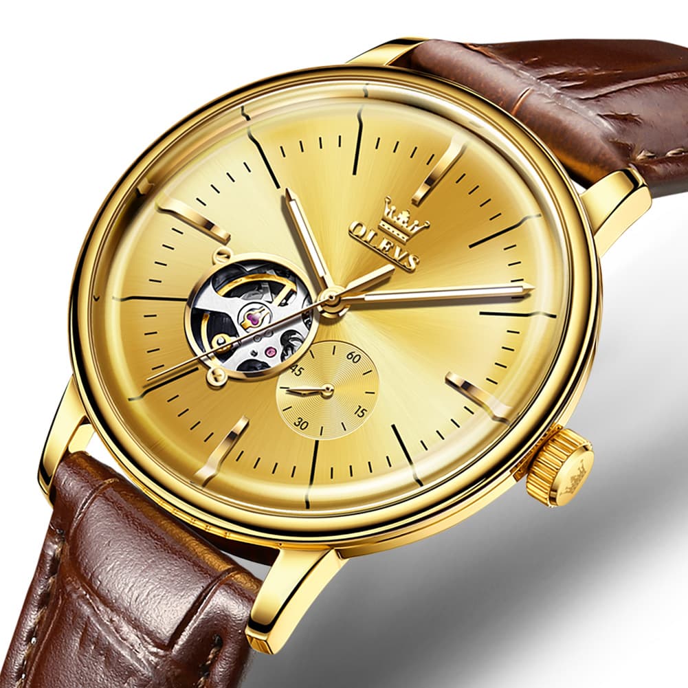 OLEVS 6708 Domed Crystal Open Heart Mechanical Watch For Men