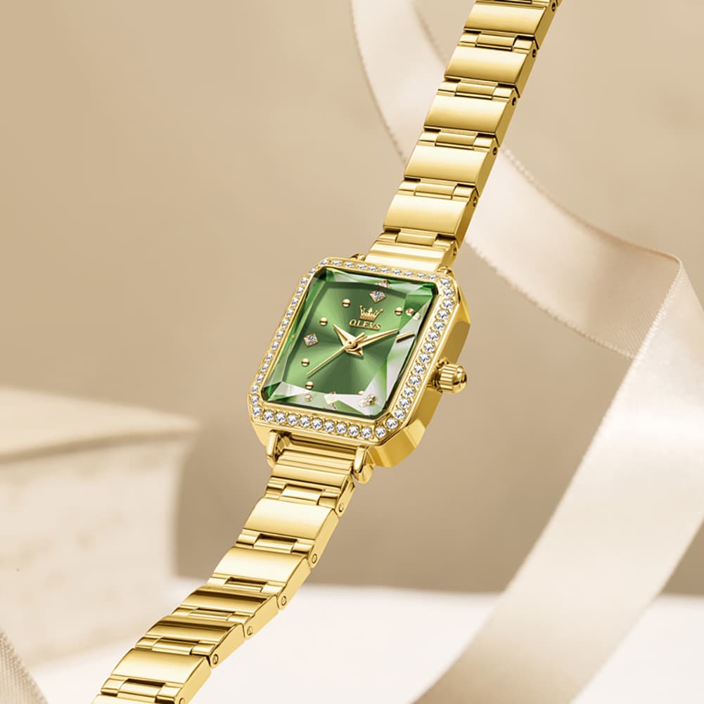 OLEVS 5688 Beveled Edge Crystal Rectangular Watch Diamond Bezel Stainless Steel Quartz Timepiece for Women
