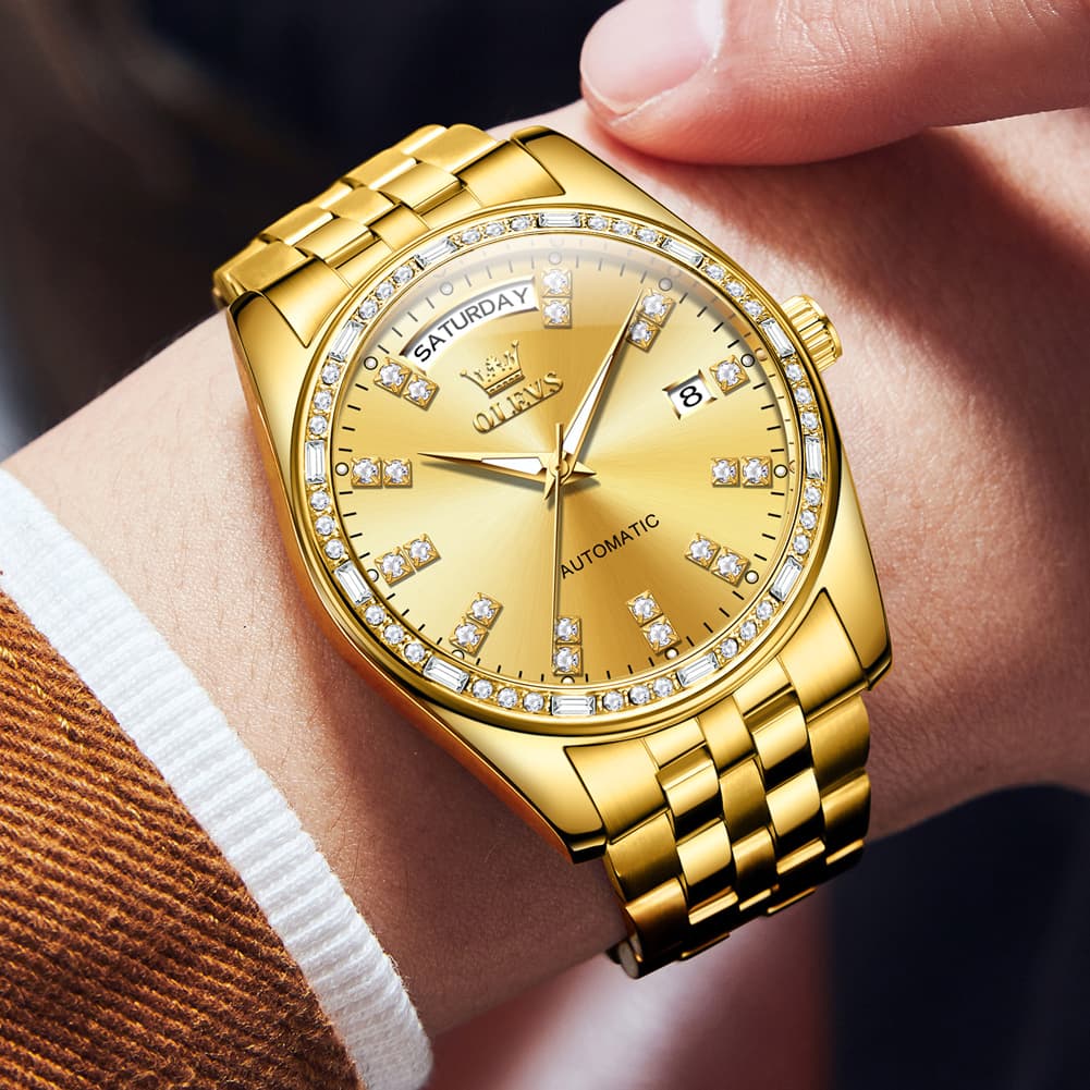 OLEVS Diamond Bezel Day Date Automatic Mechanical Watch 9802 for Men