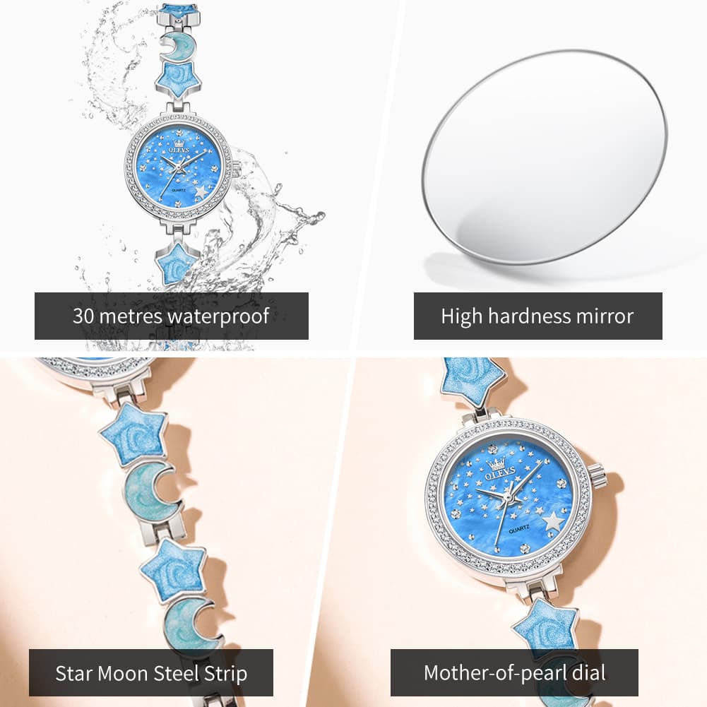 OLEVS 5665 Star Moon Bracelet Watch Mother of Pearl Starry Dial Quartz Jewelry Timepiece for Women