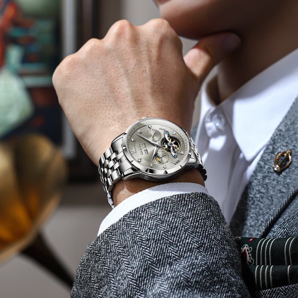 OLEVS 6691 Automatic Moon Phase Skeleton Steel Watch for Men