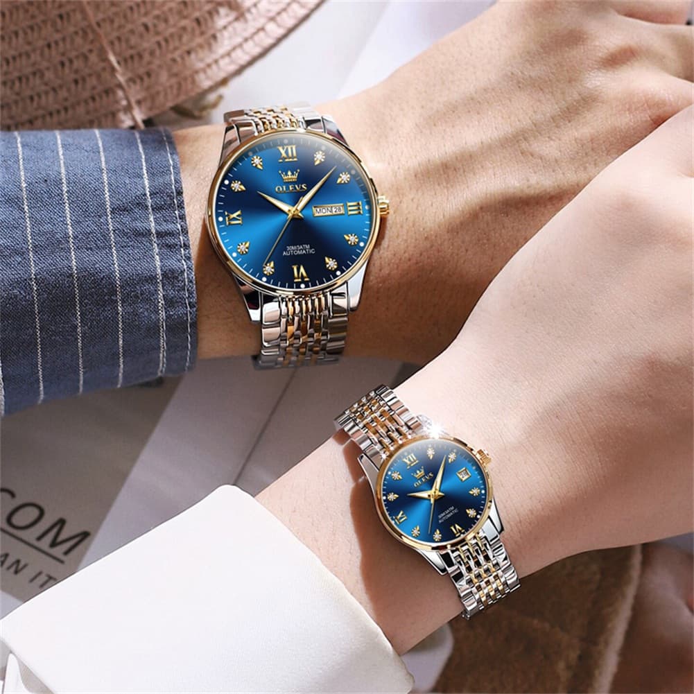 OLEVS 6673 Diamond Automatic Couple Watches Set