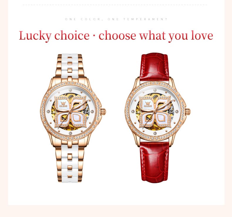 OLEVS 6612 Automatic Skeleton Four Leaf Clover Watch Set for Women