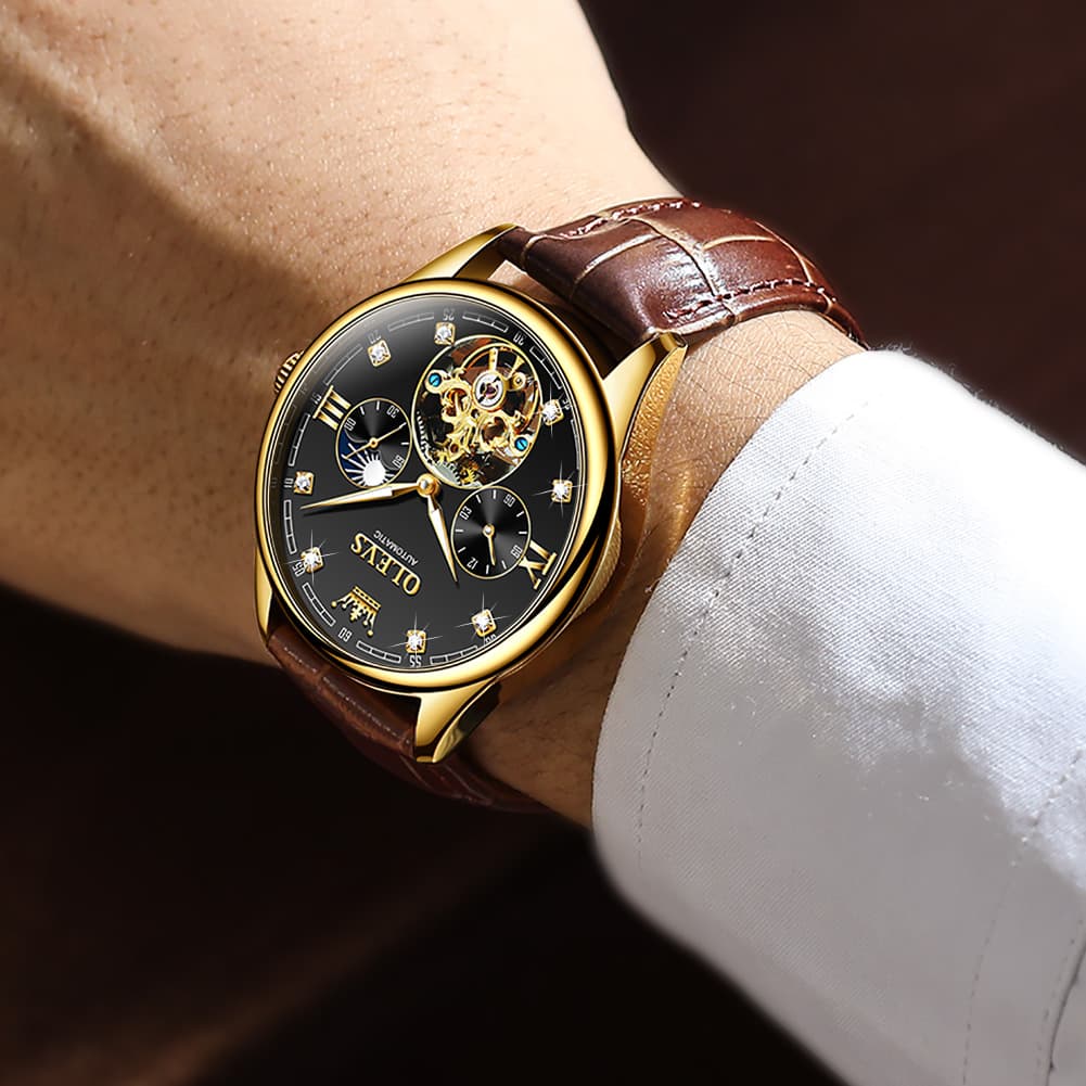 OLEVS 3601 Classic Open Heart Automatic Leather Watch for Men