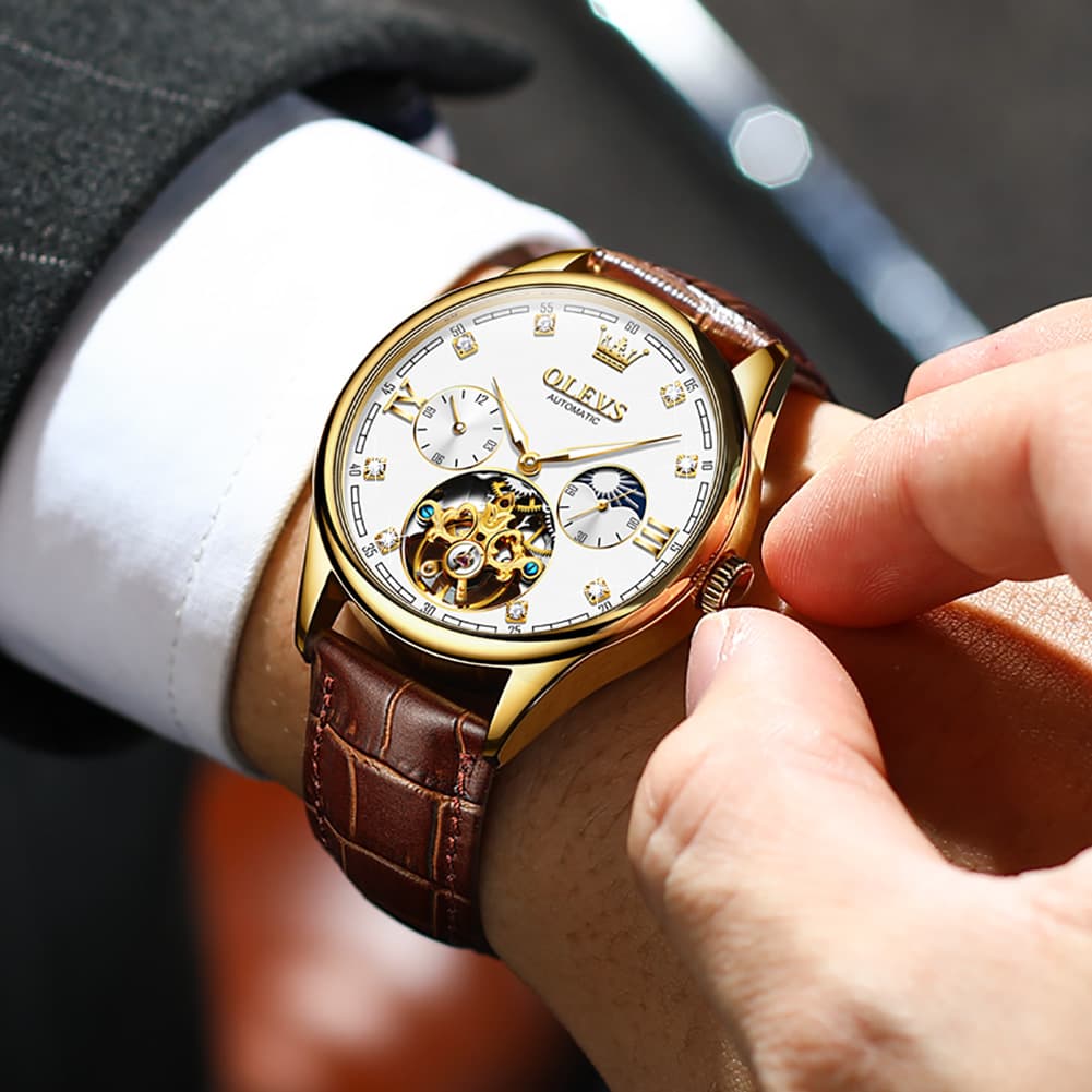 OLEVS 3601 Classic Open Heart Automatic Leather Watch for Men