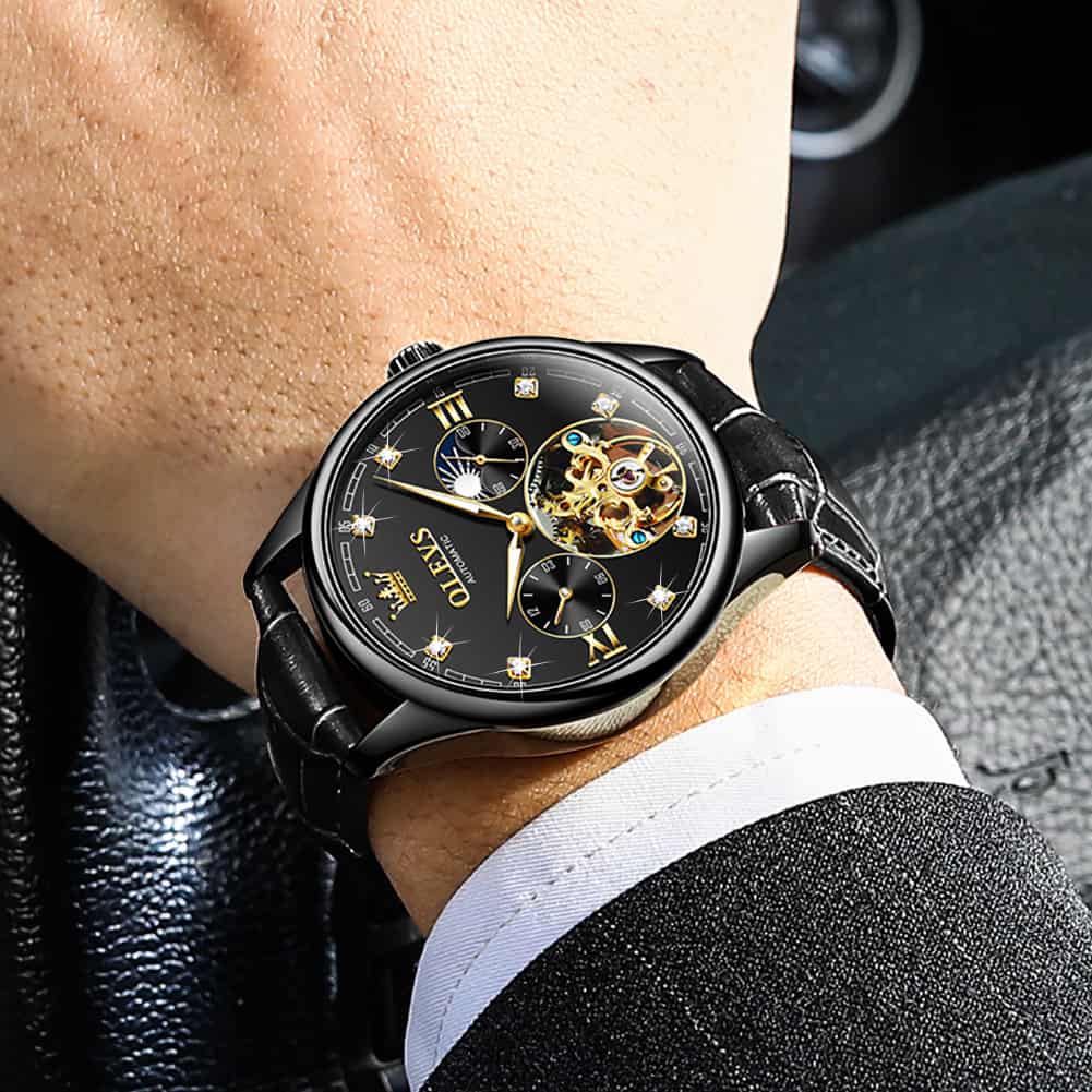 OLEVS 3601 Classic Open Heart Automatic Leather Watch for Men