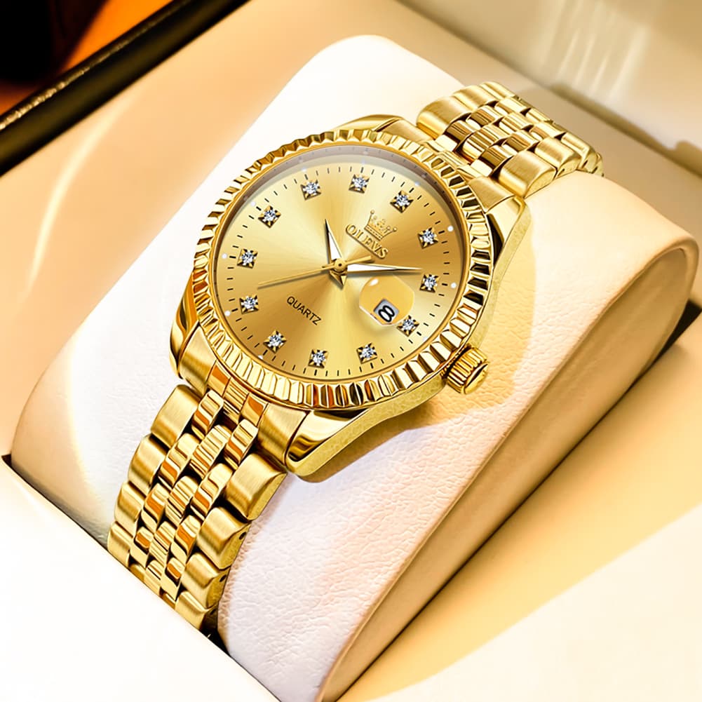 OLEVS Couple Watches Fluted Bezel Diamond Dial Quartz Watch 5526 Jubilee Band for His and Hers
