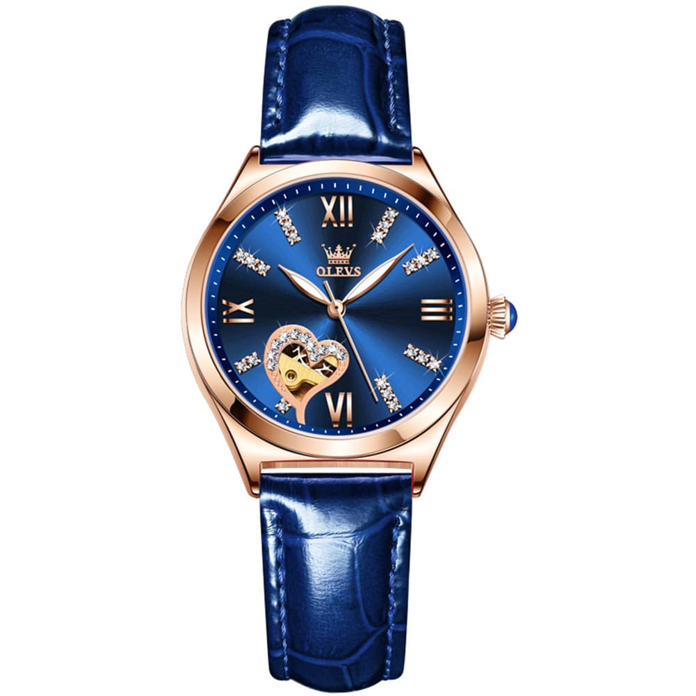 OLEVS 6636 Leather Skeleton Mechanical Watch for Women