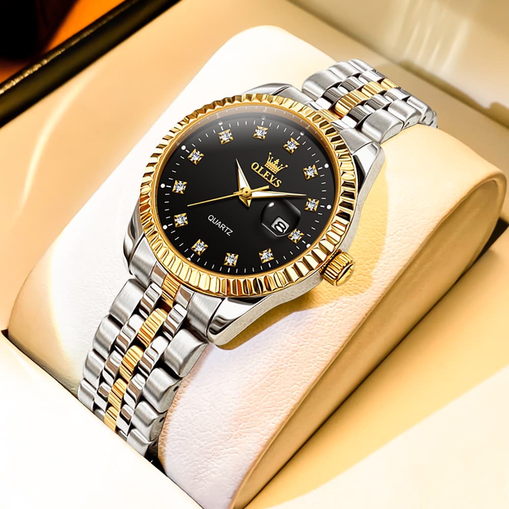OLEVS Couple Watches Fluted Bezel Diamond Dial Quartz Watch 5526 Jubilee Band for His and Hers