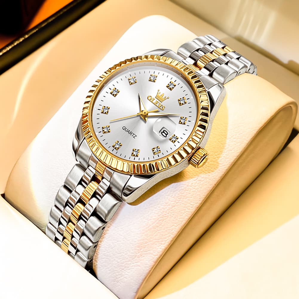 OLEVS Couple Watches Fluted Bezel Diamond Dial Quartz Watch 5526 Jubilee Band for His and Hers