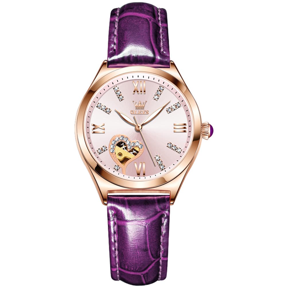 OLEVS 6636 Leather Skeleton Mechanical Watch for Women